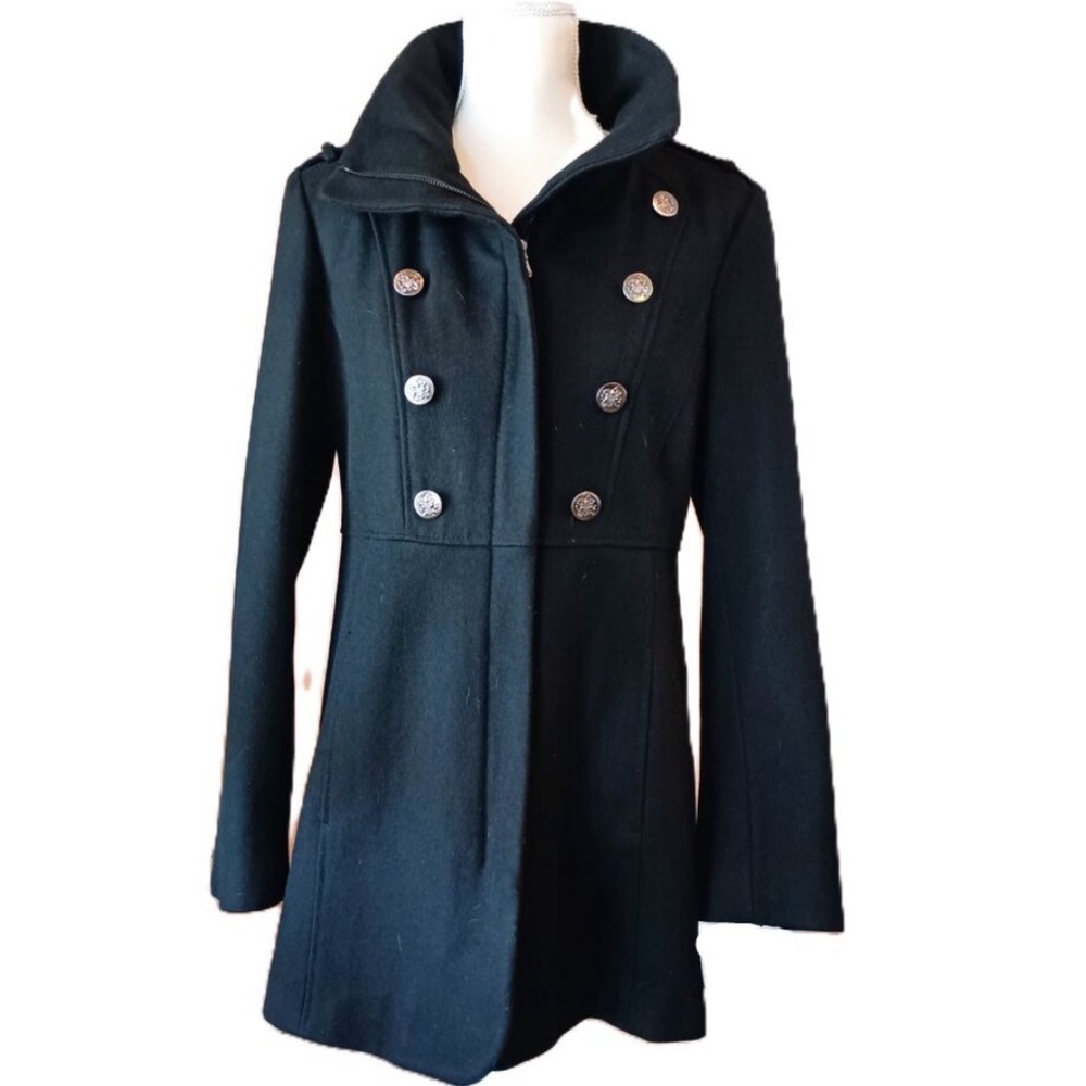 Guess Black Wool Double-Breasted Military Pea Coat - Picture 2 of 7